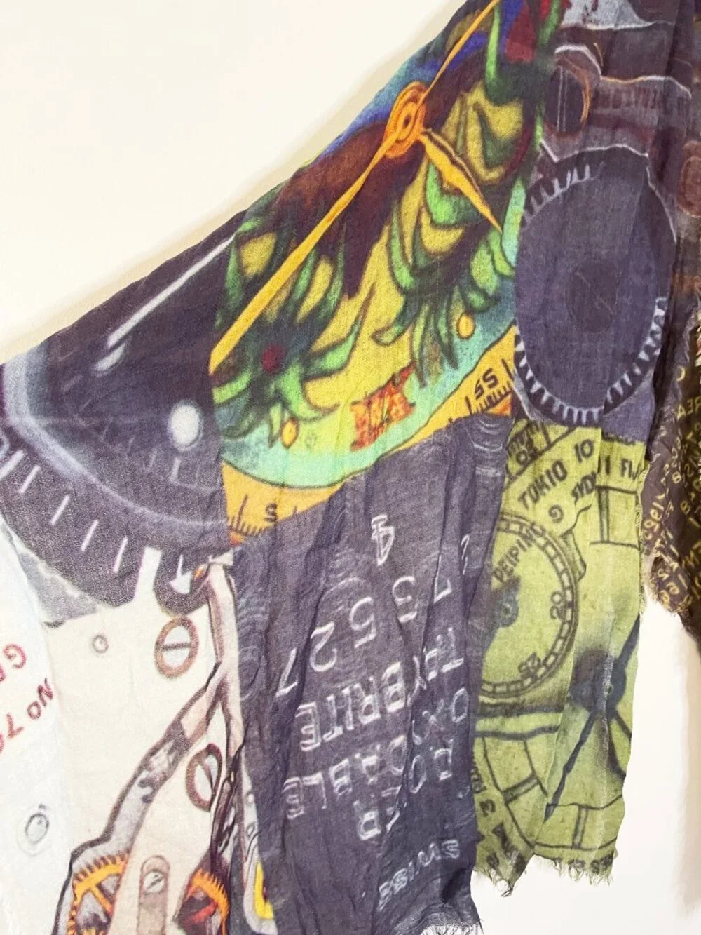 Wearable Art Wool Blend Clock Scarf Watch Print Fringe Wrap Shawl NWT GIft
